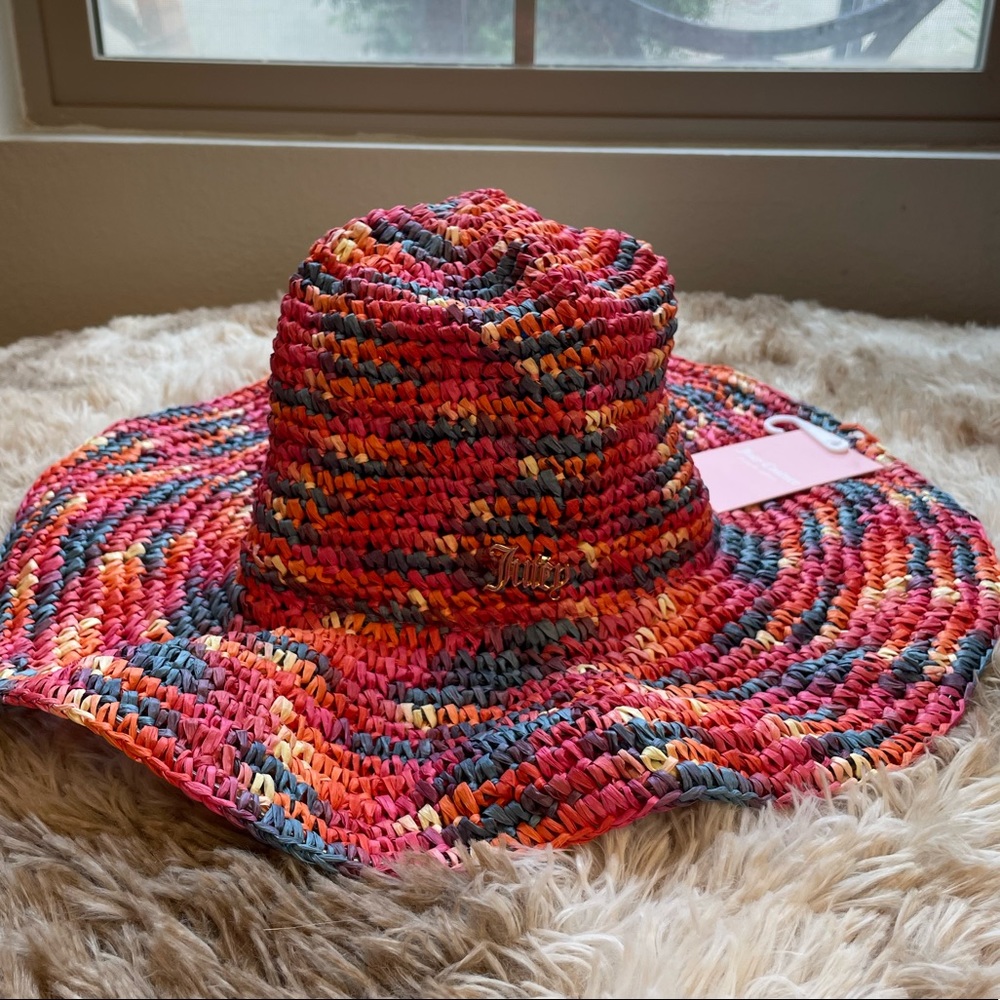 NWT Juicy Couture Hat, Floppy Straw Sun Hat Goldtone Logo Pink Orange Blue